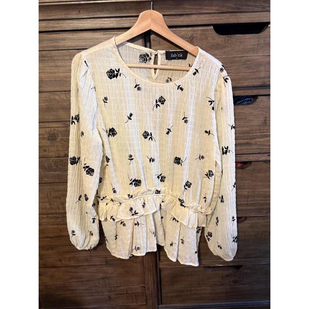 Fab'rik Floral Peplum Blouse Cream Black Rose Print Long Sleeve Top T3080 Medium - Picture 3 of 6